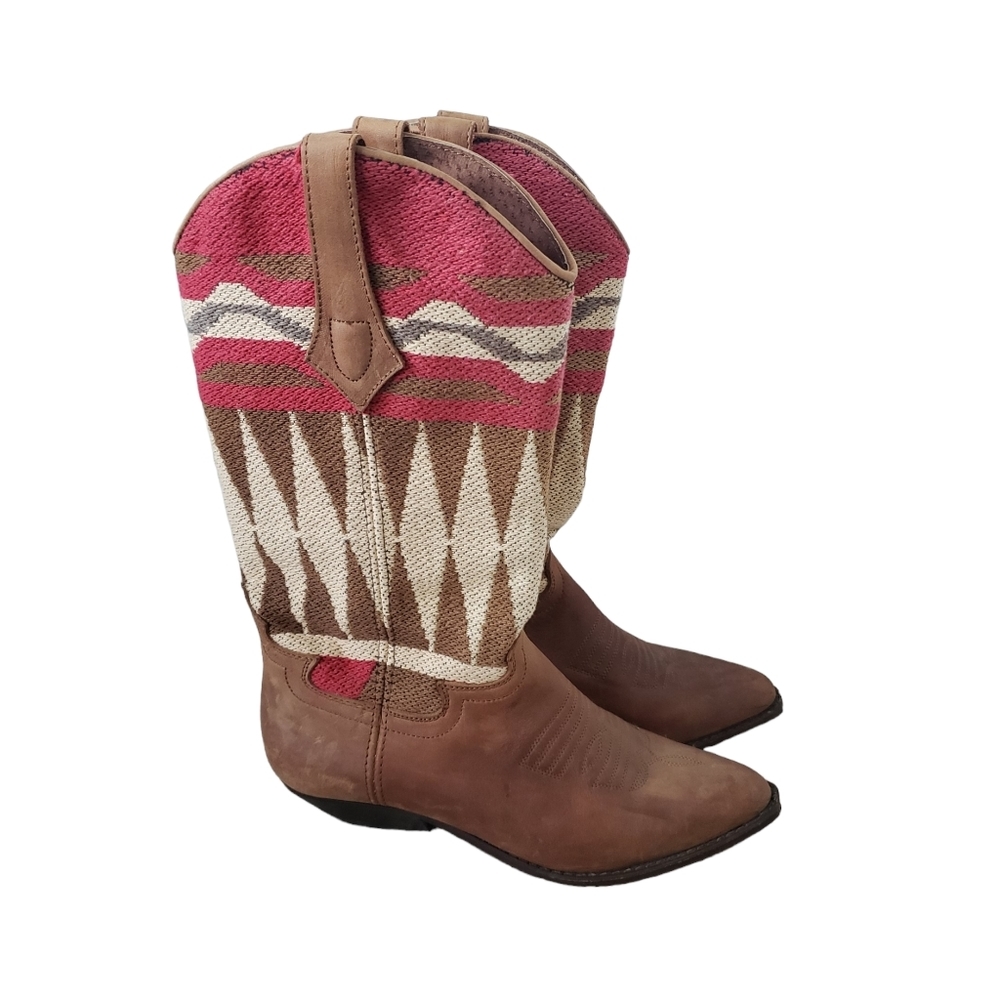 SEYCHELLES Tan Leather & Multicolor Canvas Cowboy Western Boho Boots